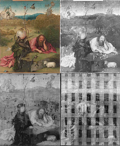 Apariencia de la tabla del Bosco tras aplicarle diferentes técnicas: fotografía infrarroja, reflectografía infrarroja y radiografía con rayos