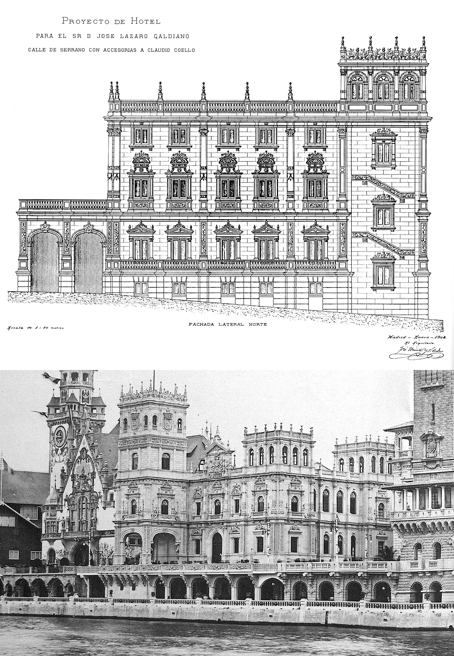 Proyecto de Parque Florido (arriba) y pabellón español de la Exposición Universal de París de 1900 (abajo)